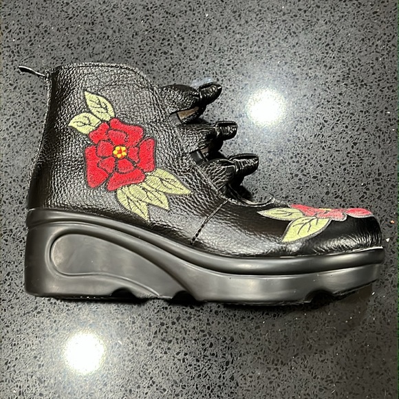 Black Leather Wedge Mary Jane Booties with Red Stitched Flowers and Green Leaves - Picture 3 of 11